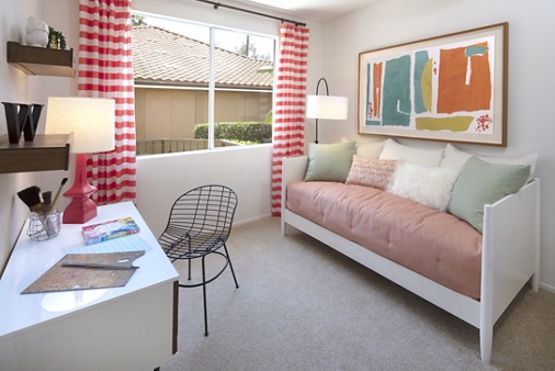 Interior view of bedroom at Sonoma Apartment Homes at Oak Creek in Irvine, CA.