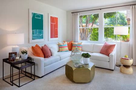 Interior view of living room at Sonoma Apartment Homes at Oak Creek in Irvine, CA.