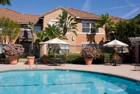 Exterior view of pool at Sonoma Apartment Homes at Oak Creek in Irvine, CA.