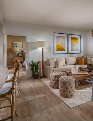 Interior view of living room at Delrey at The Village at Irvine Spectrum Apartment Homes in Irvine, CA.