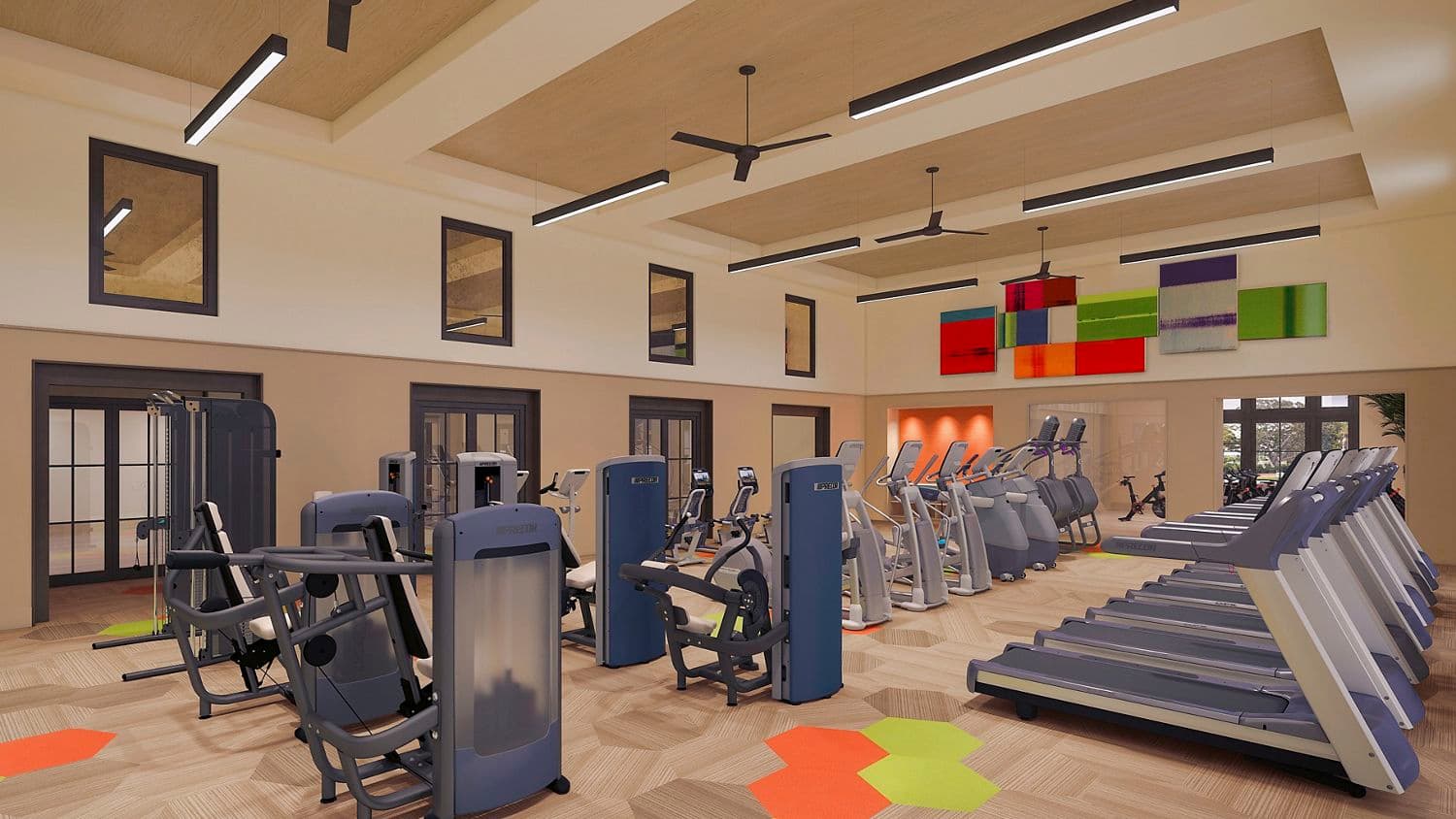Interior rendering of fitness center at Delrey at The Village at Irvine Spectrum Apartment Homes in Irvine, CA.