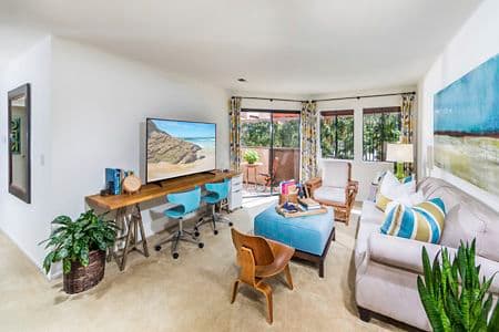 Interior view of living room at Berkeley Court Apartment Homes at University Town Center in Irvine, CA.