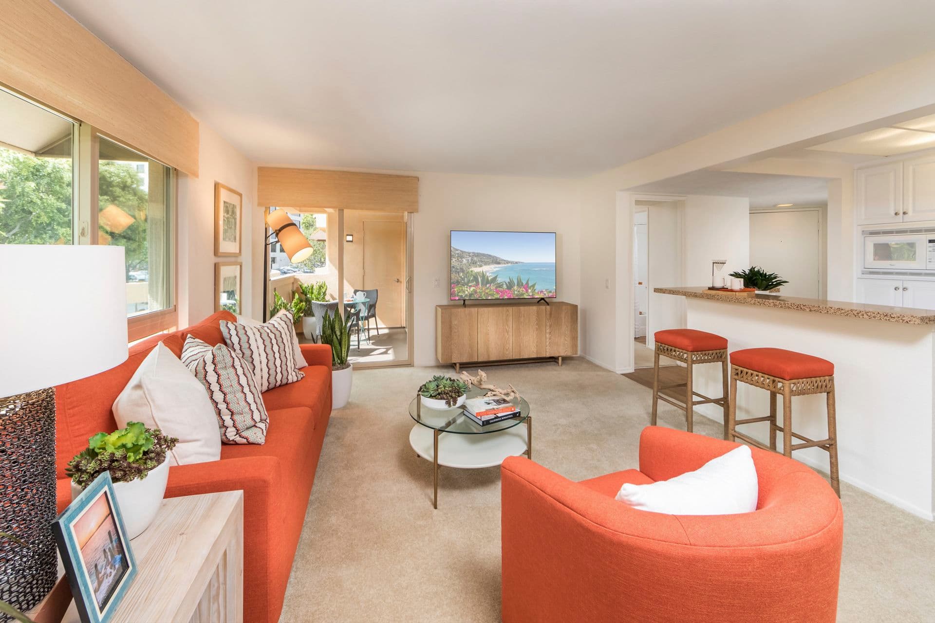 Interior view of living room at Dartmouth Court Apartment Homes at Town Center in Irvine, CA.