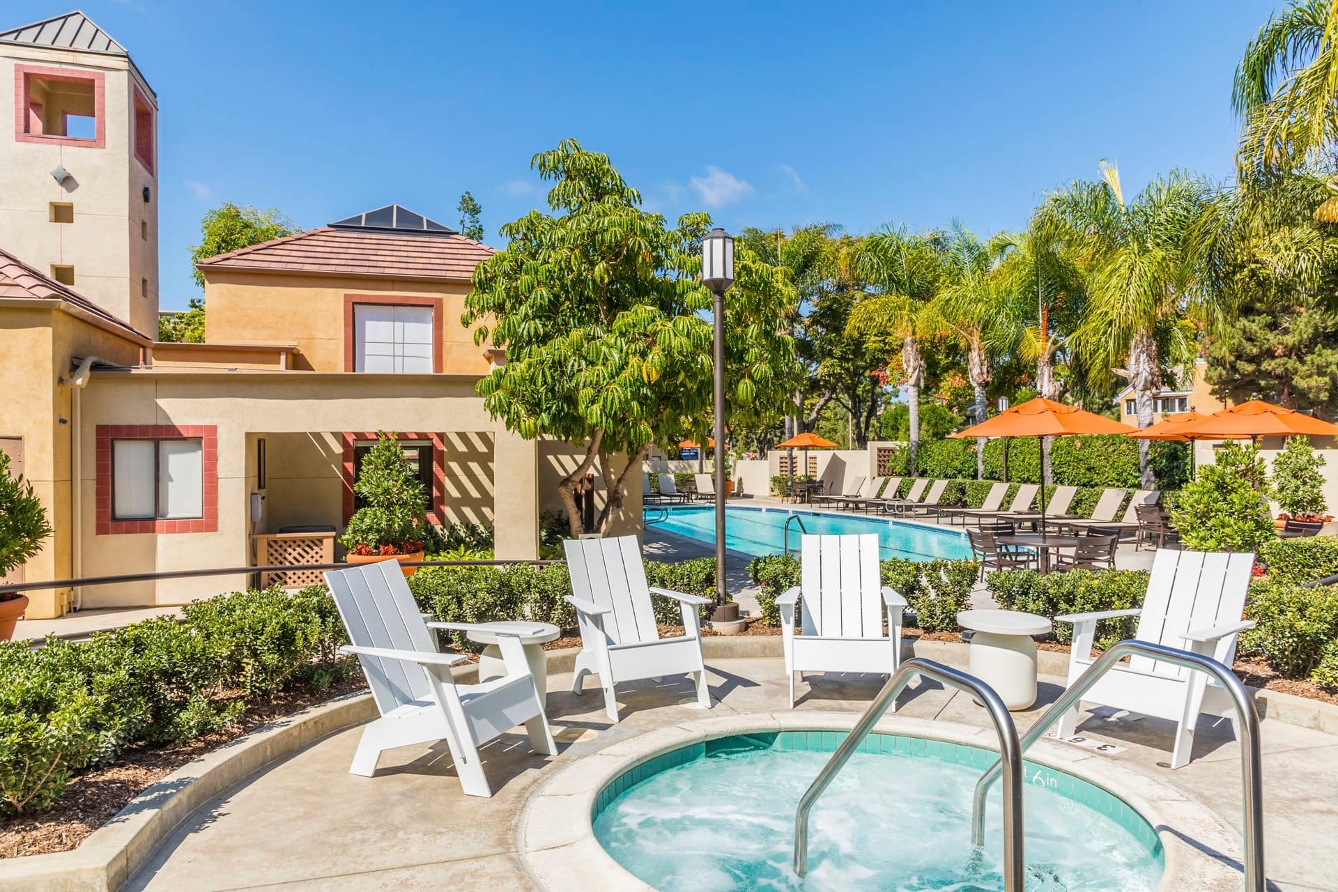 Pool and spa view at Dartmouth Court Apartment Homes at University Town Center in Irvine, CA.