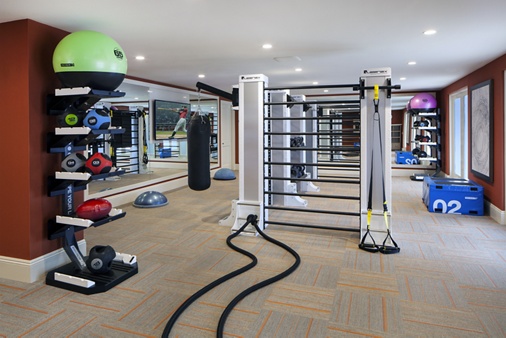 Interior view of fitness center at Villa Siena Apartment Homes in Irvine, CA.