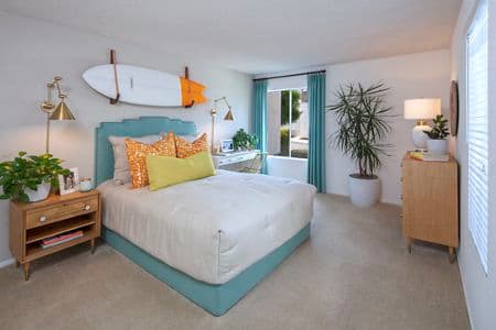 Interior view of bedroom at Woodbridge Villas Apartment Homes in Irvine, CA.