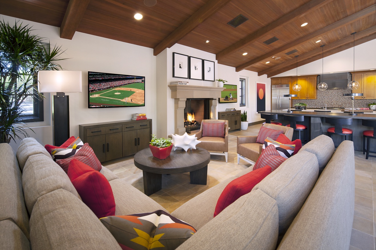 Interior view of clubhouse of Woodbury Court Apartment Homes in Irvine, CA.