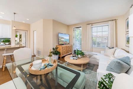 Interior view of living room at Woodbury Place Apartment Homes in Irvine, CA.
