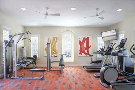 Interior view of view of fitness center at Bordeaux Apartment Homes in Newport Beach, CA.