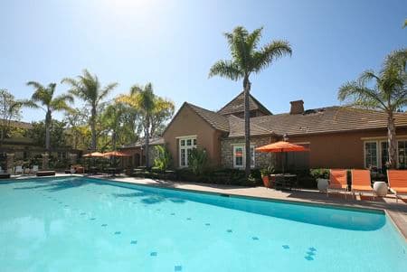 Pool view at Bordeaux Apartment Homes in Newport Beach, CA.