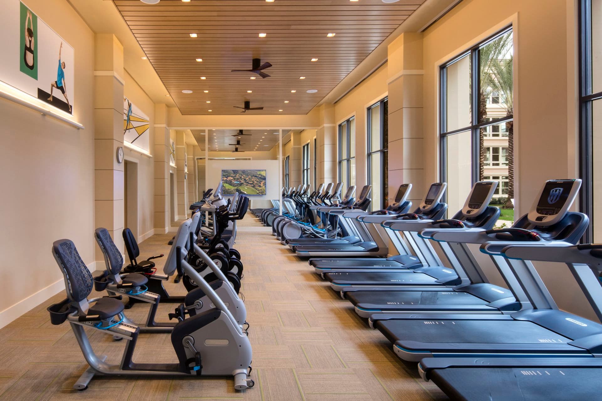 Interior view of fitness center at Villas Fashion Island Apartment Homes in Newport Beach, CA.