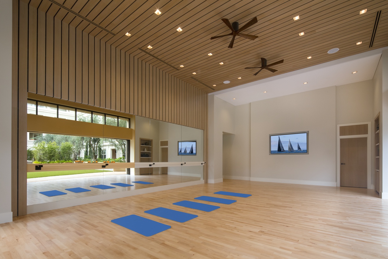 Interior view of yoga studio at Villas Fashion Island Apartment Homes in Newport Beach, CA.