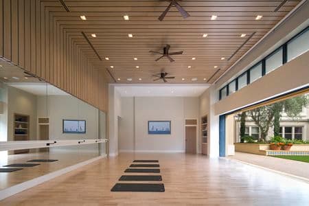 Interior view of yoga studio at Villas Fashion Island Apartment Homes in Newport Beach, CA.