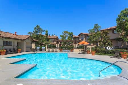 View of pool at Rancho Maderas Apartment Homes in Tustin, CA.