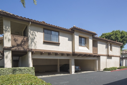 Exterior view of garage spaces at Rancho Tierra Apartment Homes in Tustin, CA.