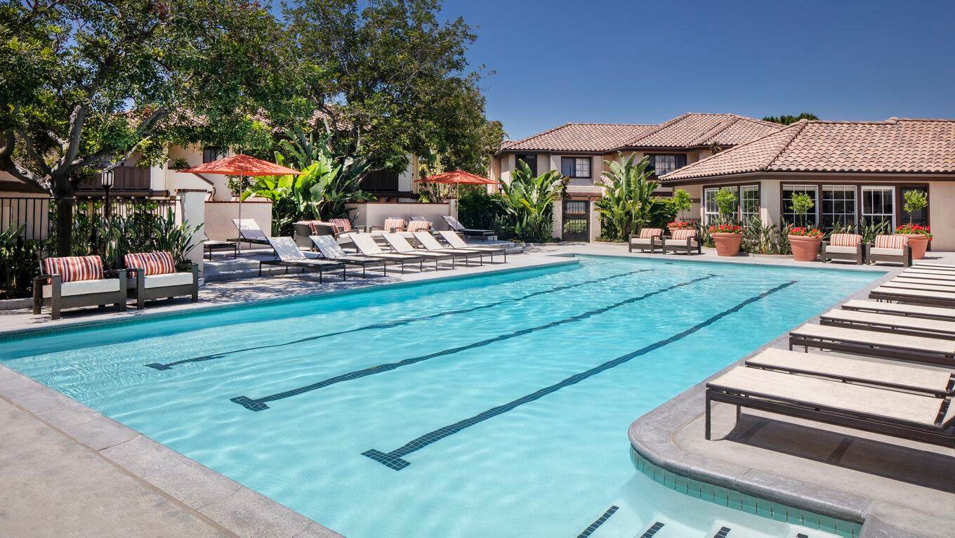 Pool view at Rancho Tierra Apartment Homes in Tustin, CA.
