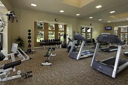 Interior view of fitness center at Sierra Vista Apartment Homes in Tustin, CA.