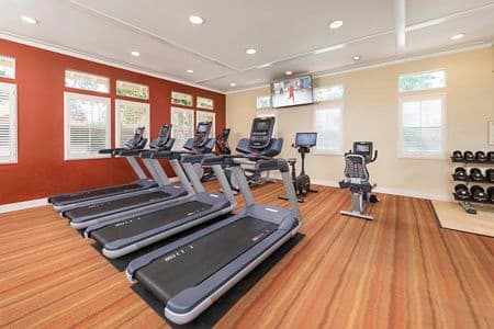 Interior view of fitness center at Arcadia at Stonecrest Apartment Homes in San Diego, CA.