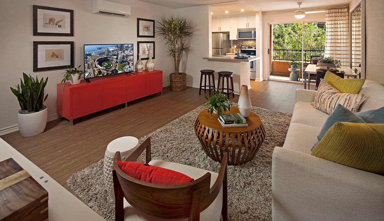 Interior view of living room at Harborview Apartment Homes in San Diego, CA.