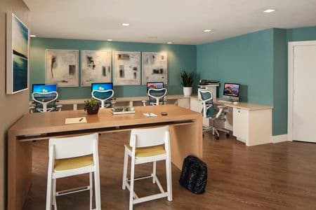 Interior view of business center iLounge at Harborview Apartment Homes in San Diego, CA.