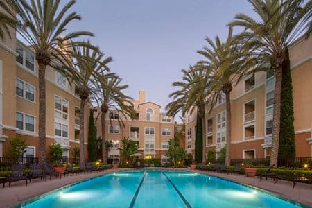 Exterior view of pool at La Jolla Palms Apartment Homes in San Diego, CA.