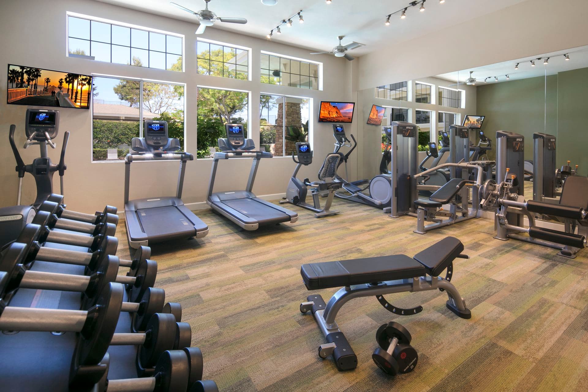 Interior view of fitness center at Marbella Apartment Homes in San Diego, CA.