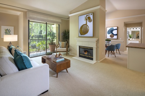 Interior view of living and dining at Monte Vista Apartment Homes in Mission Valley, CA.