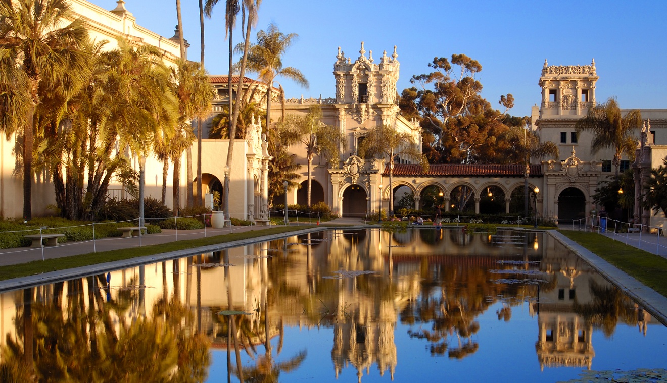 The Lily pond, reflecting the casa de Balboa and House of Hospitality at Balboa Park, San Diego
