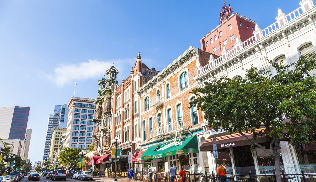 SAN DIEGO, USA - JUNE 11: facade of historic houses in the gaslamp quarter on June 11, 2012 in San Diego, USA. The area is a historic district on the National Register of Historic Places and dates back to 1867.