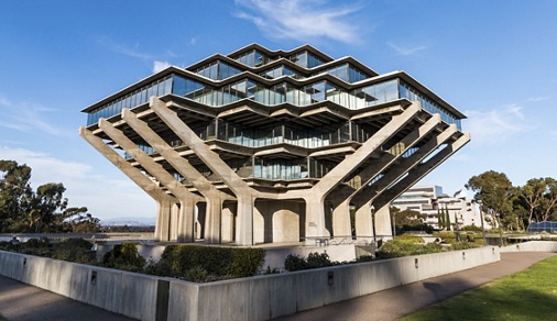 La Jolla, California - February 17, 2018:  The Geisel Library, is the main library building of the University of California San Diego campus, named in honor of Audrey and Theodor Geisel (Dr. Seuss).