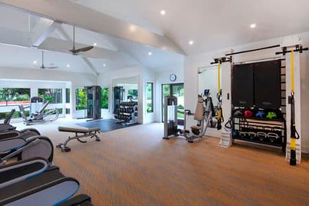 Interior view of fitness center at Seascape Apartment Homes in Carlsbad, CA.