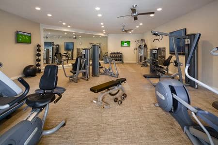 Interior view of fitness center at Solazzo Apartment Homes in La Jolla, CA.