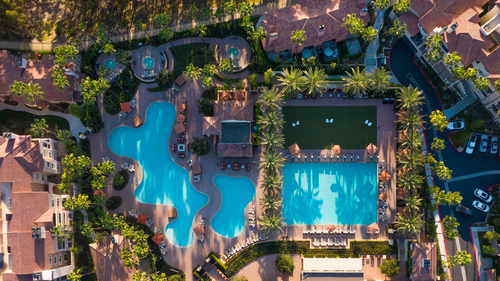 Aerial view of pool at The Village Mission Valley Apartment Homes in San Diego, CA.