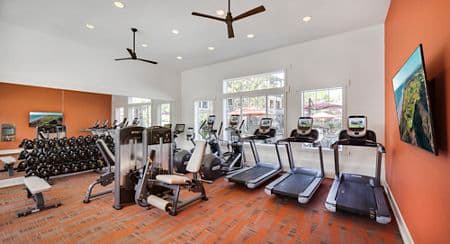 Interior view of fitness center at Torrey Ridge Apartment Homes in San Diego, CA.