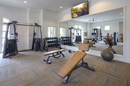 Interior view of fitness center at Torrey Villas Apartment Homes in San Diego, CA.