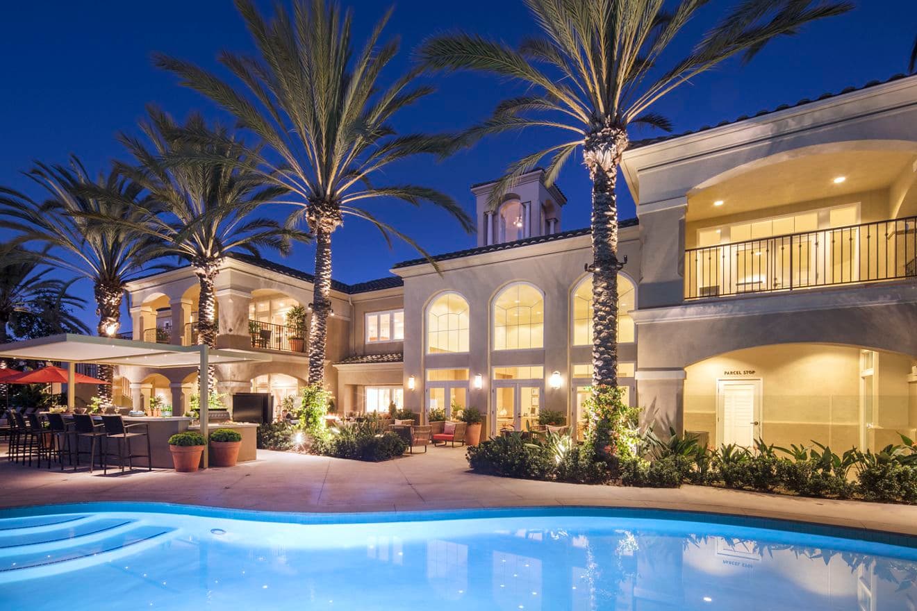 Exterior view of pool at Torrey Villas Apartment Homes in San Diego, CA.