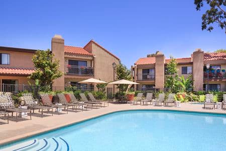 Exterior view of pool at Westwood Apartment Homes in San Diego, CA.
