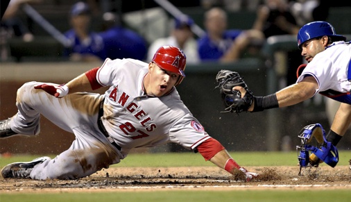 Mike Trout #27 in action batting against the Yankees. Photo by Matt Brown/Angels Baseball LP