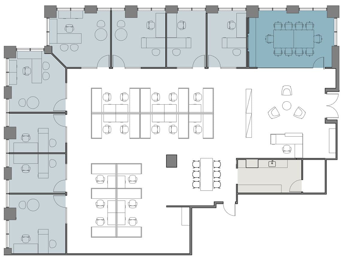 Hypothetical Furniture Plan

8 offices
17 workstations
1 meeting room
1 break area
