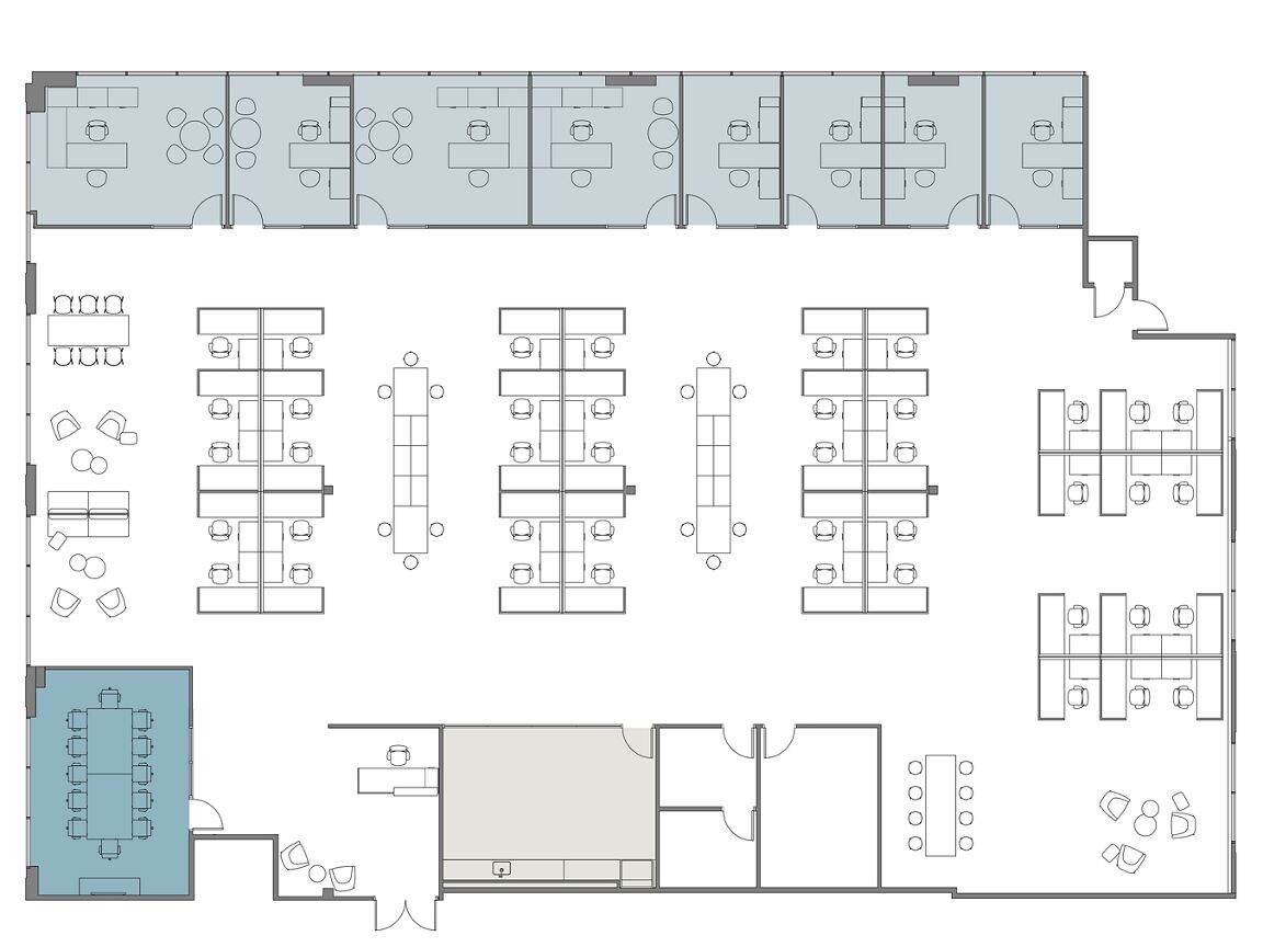 Hypothetical Furniture Plan

8 offices
43 workstations
1 meeting room
1 break area
