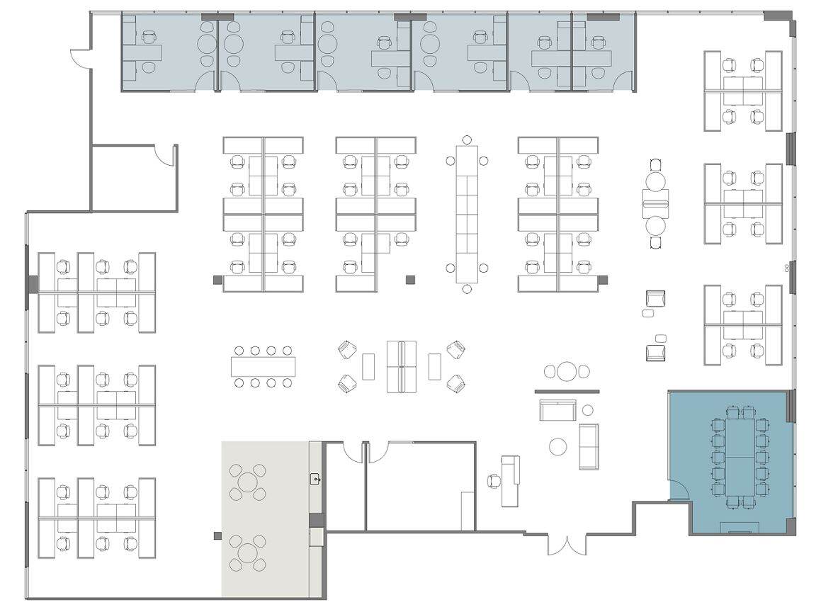 Hypothetical Furniture Plan

6 offices
54 workstations
1 meeting room
1 break area
