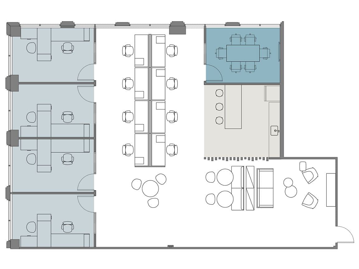 Hypothetical Furniture Plan

4 offices
8 workstations
1 meeting room
1 break area
