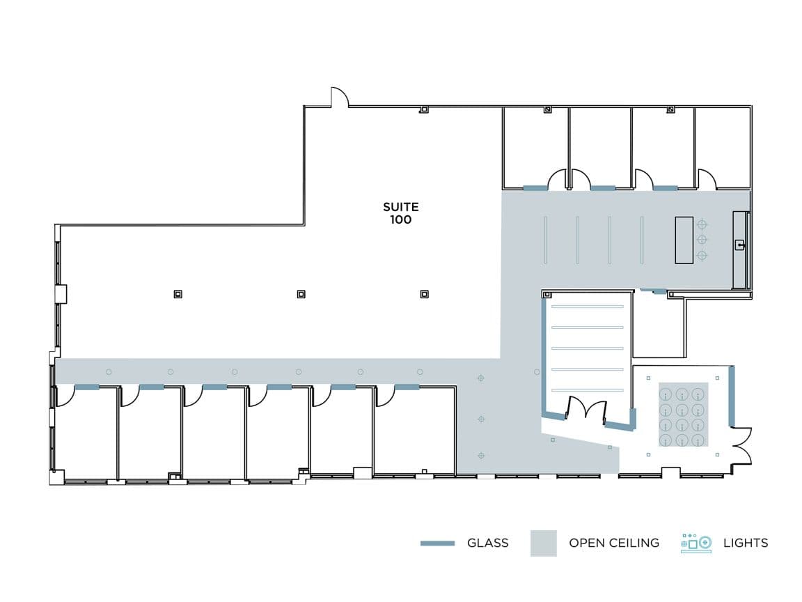 Flex+ floor plan for 43 Discovery, suite 100 in Irvine, CA.