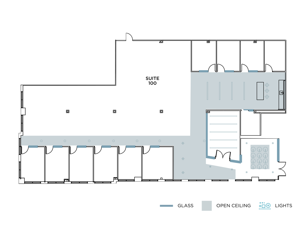 Flex+ floor plan for 43 Discovery, suite 100 in Irvine, CA.