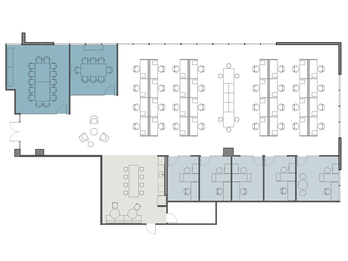 Hypothetical Furniture Plan

5 offices
32 workstations
2 meeting rooms
1 break area
