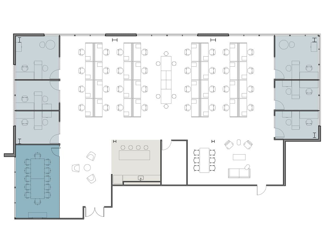 Hypothetical Furniture Plan

6 offices
32 workstations
1 meeting room
1 break area

