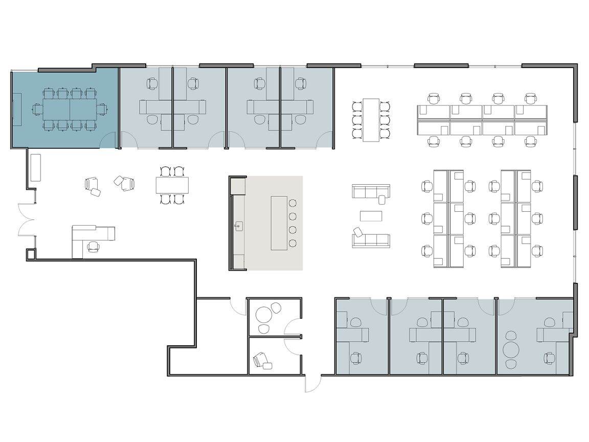 Hypothetical Furniture Plan

8 offices
21 workstations
1 meeting room
1 break area
