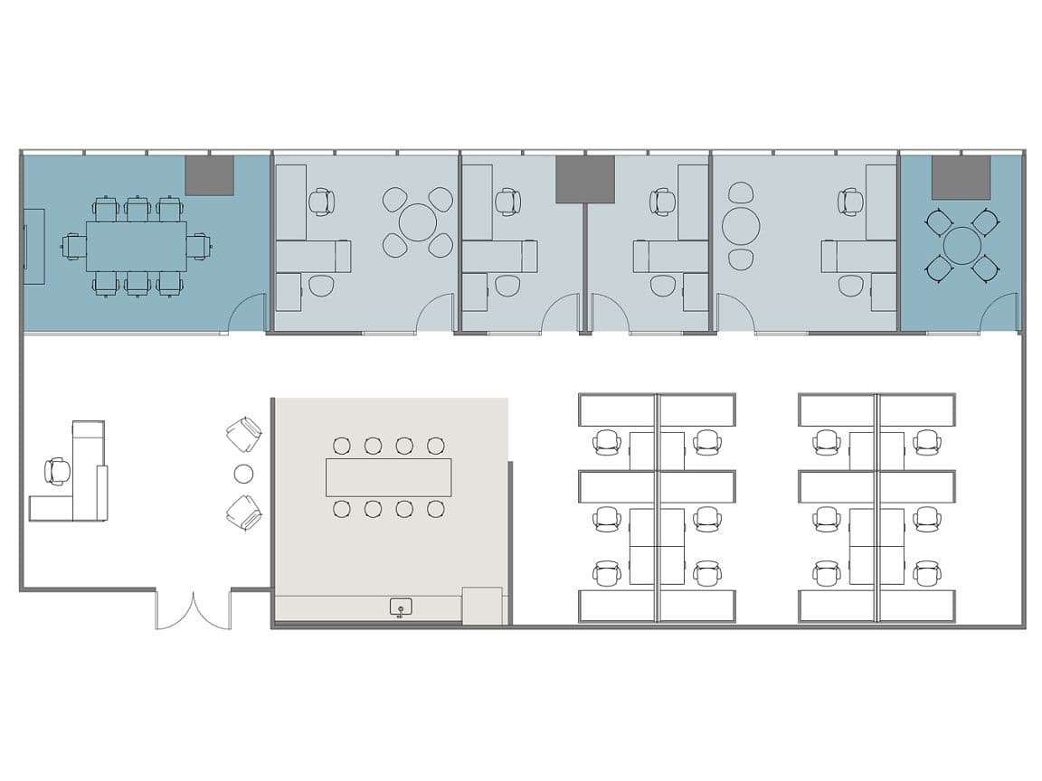 Hypothetical Furniture Plan

4 offices
13 workstations
2 meeting rooms
1 break area
