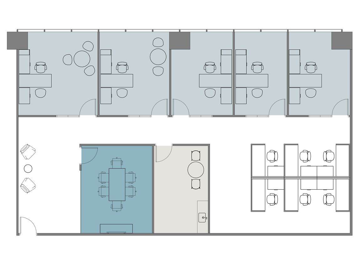 Hypothetical Furniture Plan

5 offices
6 workstations
1 meeting room
1 break area
