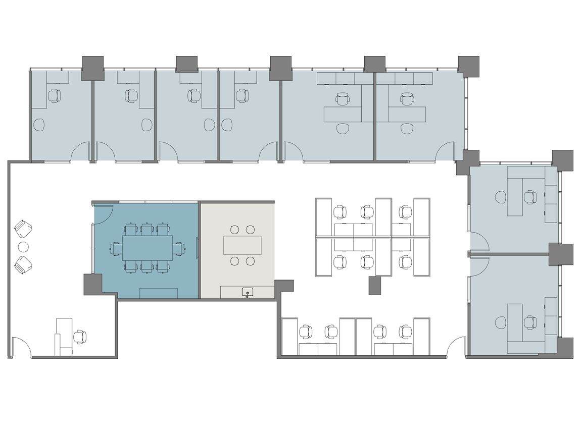 Hypothetical Furniture Plan

8 offices
11 workstations
1 meeting room
1 break area
